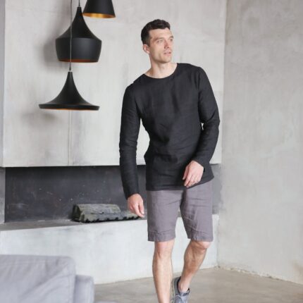 Linen Pullover Shirt Stonewashed Look Linen for Men Straight Fit